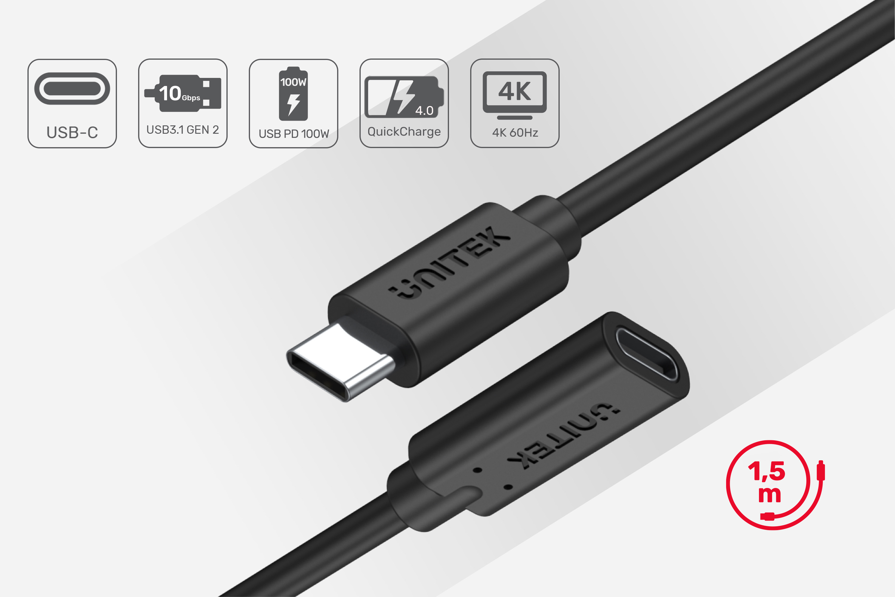 Końcówki przedłużacza USB, kolor czarny, jedna końcówka z portem, druga z wtyczką. Standard usb 3.0